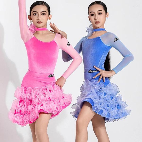 Stage Wear 2024 Vêtements de compétition de danse latine pour filles Velours à manches longues Fishbone Jupe Costume Chacha Rumba Tango Robe DQS15393