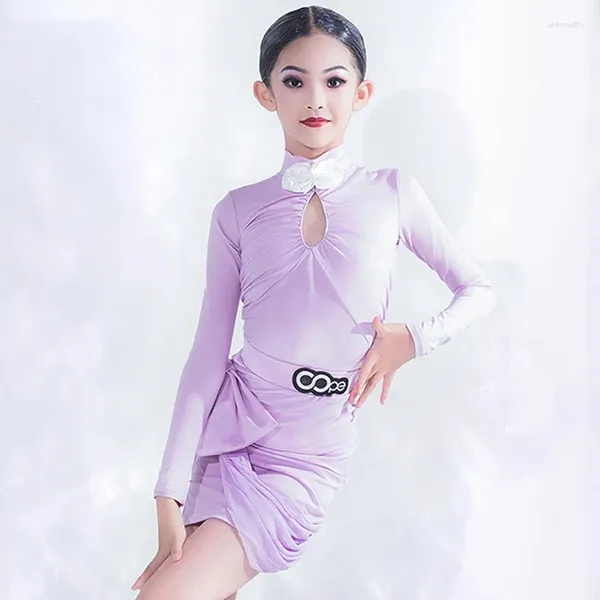 Stage Wear 2024 Robe de danse latine pour filles violet manches longues Costume de performance Cha Rumba vêtements enfants pratique BL11593