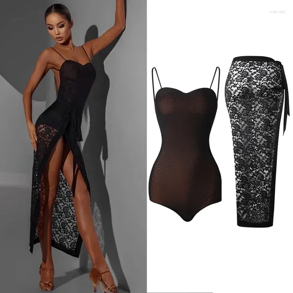 Stage Wear 2024 Latin Dance Dress Replication Disformación de actuación Negra Black Tops Falda Rumba Tango Ballroom Practice Ropa DNV18005