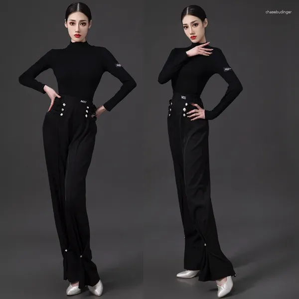 Stage Wear 2024 Vêtements de pratique de danse latine Vêtements à manches longues Pantalon noir Costume Chacha Rumba Tango Robe Moderne DN17032