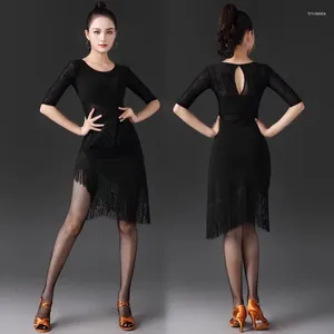 Stage Wear 2024 Latin Dance Rok Women's Authentic Mid Sleeved Crystal Cotton Tassel Black Standard Practice Competition Dress