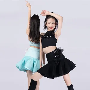 Usure de scène 2024 Vêtements de danse latine pour filles Salsa Chacha Rumba Performance Costume Tops de fleurs Jupe Enfants Pratique DL11681