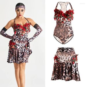 Stage Wear 2024 Léopard Print Rose Sexy Body Split Jupe Costume Chacha Rumba Tango Robe Costumes de Performance Latine pour Femmes DN17395