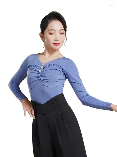 Stage Wear 2024 Haut de danse moderne Femme Automne / Hiver Vêtements de pratique sociale Col V Danse Justaucorps à manches longues F1118