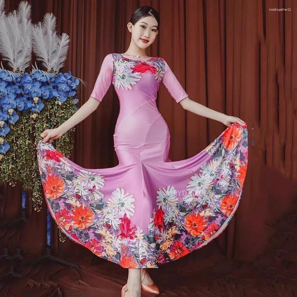 Etapa desgaste 2024 ropa de baile moderna femenina adulto elegante estampado de flores vestidos de baile de salón midi manga foxtrot mujeres vals vestido largo