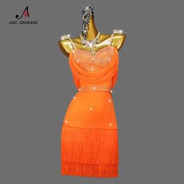 Stage Wear 2024 Orange Latin Dance Competition Fringe Dress komt voor professionele vrouwelijke optredens Sexy Girl Ballroom kleding Large Y240529