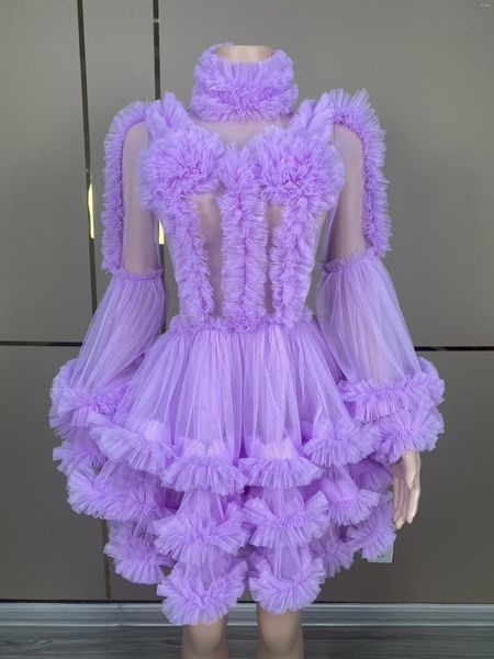Etapa desgaste 2024 rojo púrpura transparente malla manga larga vestido cumpleaños celebrar traje mujeres bailarina sexy vestidos traje