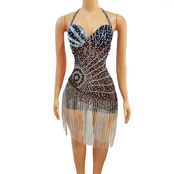 Stage Wear 2024 Sexy Voir à travers Crystal Gland Moulante Robe de danse latine Spaghetti Slip Dos nu Bal Mini Femmes Party Club