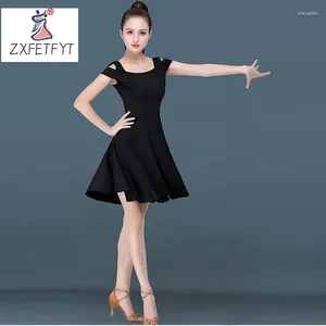 Stage Wear 2024 Style Summer Summer Short Sleeve Latin Dance Dress for Women Acetate Fiber Ballroom Competition and Practice