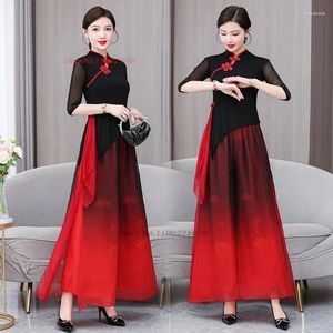 Stage Wear 2024 Fée chinoise traditionnelle Cosplay Performance Mesh Qipao Tops Pantalons Ensemble National Gradient Couleur Costume de danse Robe Vintage