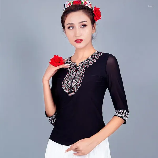 Stage Wear 2024 Xinjiang Ettnic Dance Dress Top Performance de mujeres 3/4 Camiseta de estilo chino Vinatge Elegante