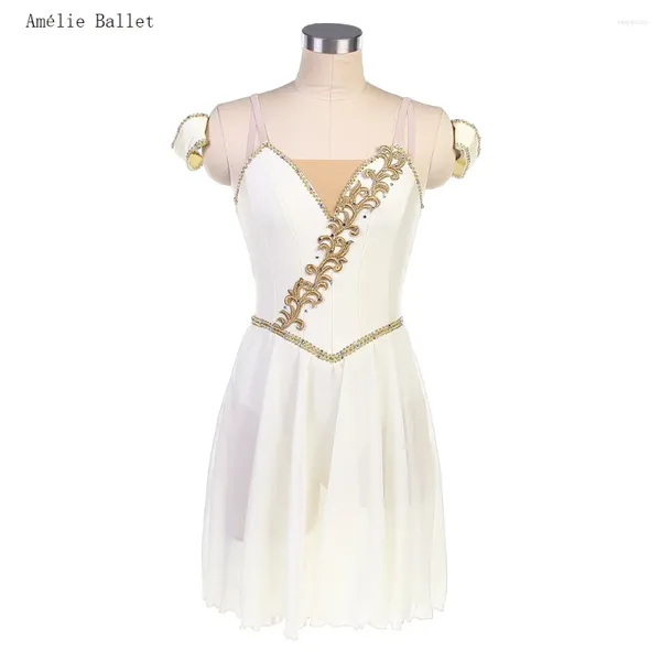 Wear 23132 corsage en spandex en ivoire avec garniture or romantique jupe tutu filles filles costumes de performance robes