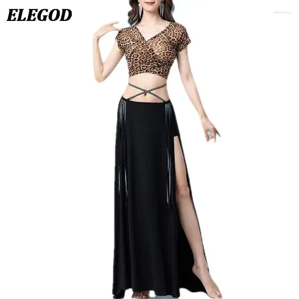 Etapa desgaste 2 unids danza del vientre traje conjunto damas sexy top elegante dividida falda larga práctica oriental traje de entrenamiento ropa de diosa