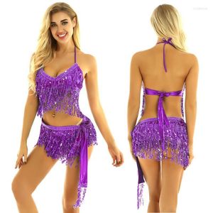 Stage Wear 2pcs Femmes Brillant Paillettes Glands Costume De Danse Du Ventre Ensemble Halter Cou Et Dos Cravate Haut De Soutien-Gorge Avec Écharpe De Hanche Jupes Enveloppantes