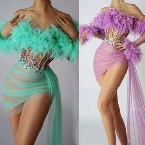 Stage Wear 3 Colorls Strass Robe Sexy Pole Dance Mesh Mini Femmes Célébrez Robes de soirée Festival Outfit Gogo Costume XS7393