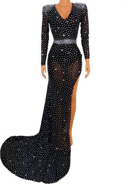 Stage Wear 3 Couleurs Nude Noir Rouge Brillant Pleines Pierres Longue Maxi Soirée Célébrer Train Robe Danse Bal Tenue Anniversaire Brillant Costume