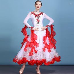 Stage Wear 3 kleuren sexy standaard balzaal danscompetitie jurken vrouwen waltz tango foxtrot lange mouwen geprinte diamantjurk dwy1389