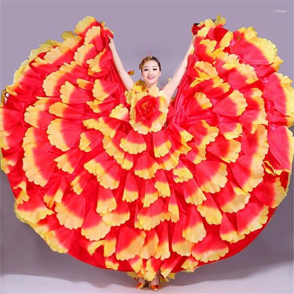 Desgaste de la etapa 360-720 Grados Vestido de Flamenco Danza Gitana Falda Mujer España Vientre Disfraces Gran Pétalo Coro Español Actuación S-3XL