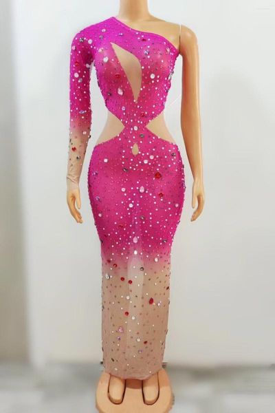 Desgaste de la etapa 4 colores diamantes de imitación vestido largo transparente noche cumpleaños celebración solo hombro traje mujeres baile Sexy Jianjian