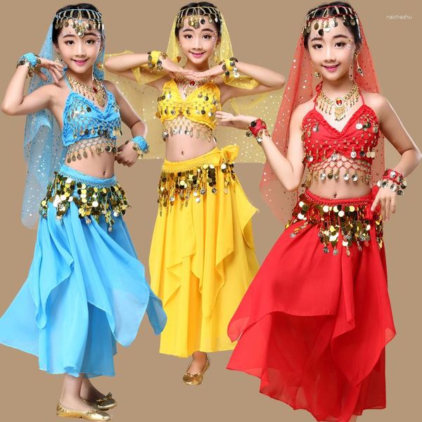 Desgaste de la etapa 4 uds/1set niños profesional India danza niños vientre disfraces para niñas Egipto baile Bellydance traje