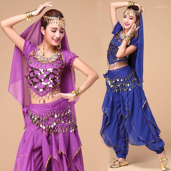 Desgaste de la etapa 4PCS Conjuntos de trajes de danza del vientre Egipto Danza Sari Ropa Mujeres Pantalón de Bollywood
