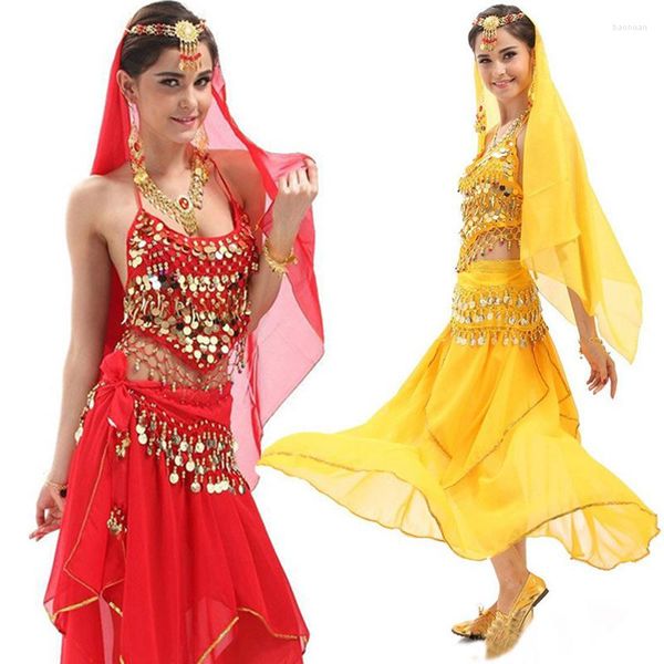 Stage Wear 4pcs / Set Coin Egypte Costume de danse du ventre Bollywood Triba Gypsy Bellydance Robe Ensembles de danse pour femmes