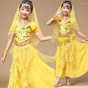 Vêtements de scène 4 pièces ensemble fille Costume de danse du ventre pour enfant robe enfant Bollywood danse Costumes Performance vêtements