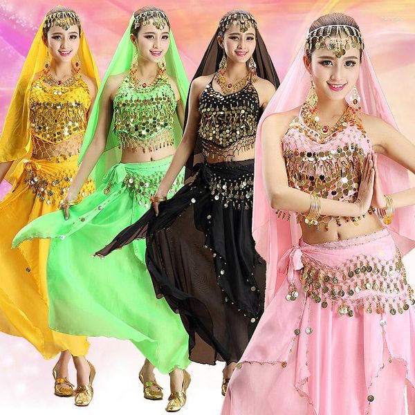 Etapa desgaste 4 unids conjunto rendimiento danza del vientre traje bollywood vestido egipto danza del vientre mujeres bailando