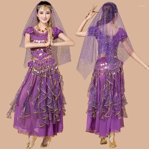 Stage Wear 5 pièces professionnelles femmes danse du ventre ensembles robe haut jupe taille chaîne costume wrap paillettes ceinture pièce de monnaie en mousseline de soie