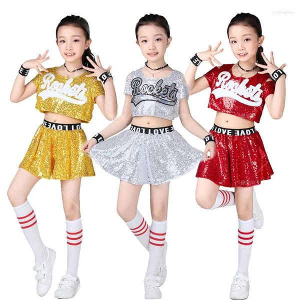 Etapa desgaste 5 unids niños niñas niños lentejuelas uniformes traje animadora ropa crop top falda / pantalones cortos set street dance trajes de jazz