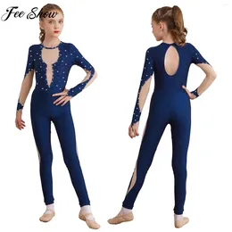 Stage Wear 6-16Y Filles Figure Patinage sur glace Gymnastique Body Ballet Danse Justaucorps Acrobatique Yoga Combinaison À Manches Longues Brillant Mesh Unitard