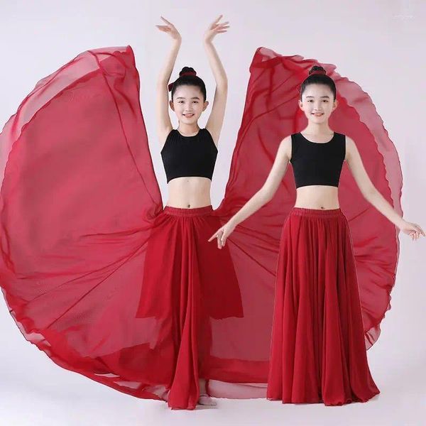 Stage Wear 65-90cm Costume de danse classique traditionnelle chinoise Vêtements tibétains mongols Enfants filles pratiquent une grande jupe pivotante