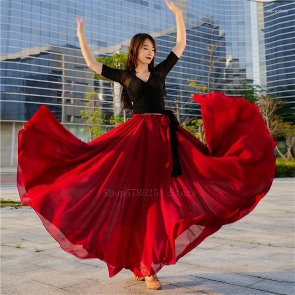 Escenario de 720 grados español de flamenco flamenco mujeres chicas dance gitano githon vientre de dos capas vestido de ala grande vendaje top rendimiento