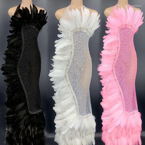 Stage Wear 8 Couleurs Perles Scintillantes Plume Soirée Robe De Bal Perspective Sexy Célébrer Robes Femmes Fête Festival Outfit DT2950