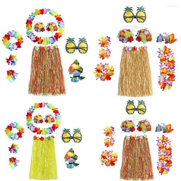 Desgaste de la etapa 8pcs / set 8Pcs Decoración del partido Gafas Garland Muñequeras Diadema Disfraz Disfraz Hawaiian Hula Falda Set