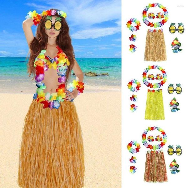 Vêtements de scène 8 pièces/ensemble fournitures de fête hawaïenne lunettes bracelets guirlande collier hawaïen jupe Hula ensemble déguisement bandeau Costume