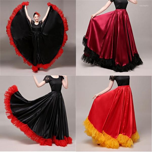 Stage Wear 90cm Plus Taille Gypsy Espagnol Flamenco Jupe Dentelle Femme Filles Danse Du Ventre Soie Satin Lisse Corrida Performance Robe Élastique