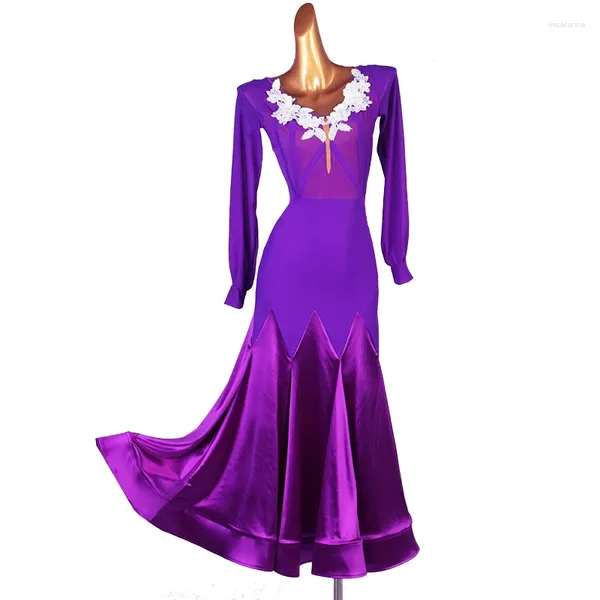 Vêtements de scène pour adultes, robes de danse pour concours de salle de bal, jupe violette à manches longues pour femmes, robe de danse Tango Waltz