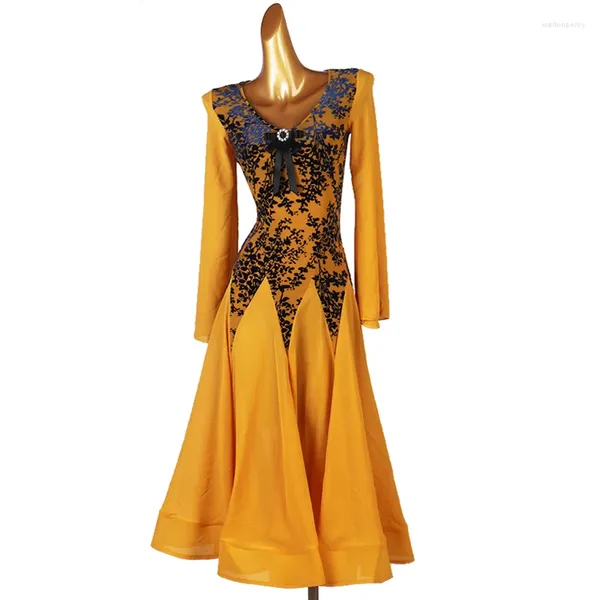 Vêtements de scène pour adultes, robes de danse pour compétition de salle de bal, jupe jaune à manches longues, Tango Waltz, robe de danse en velours pour femmes