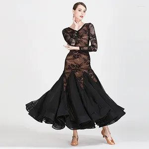 Stage Wear Adulte Noir Rouge Dentelle Standard Ballroom Danse Romantique Big Swing Jupe Filles Valse Tango Galop Moden Compétition Longue Robe