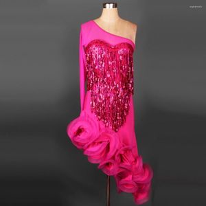 Abbigliamento da palcoscenico Abito da competizione latino per adulti / bambini Abito con paillettes nappa rosa Abbigliamento per regate da ballo Femininas Vestido De Baile Latino