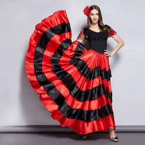 Stage Wear Jupe gitane adulte pour femmes Espagnol Flamenco Rayé Satin Big Swing Jupes de danse du ventre Performance de l'équipe