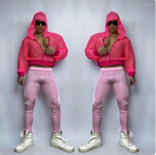 Vêtements de scène adulte mâle Hip Hop danse Costume Fluorescence rose à capuche pantalon maigre discothèque Gogo vêtements Rave tenue