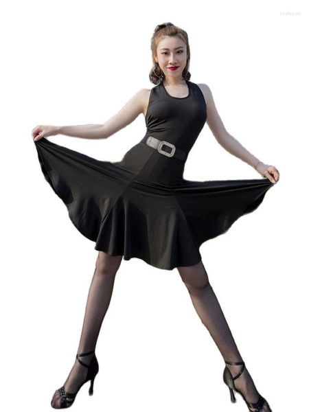 Vêtements de scène adulte Sexy dos nu robe de danse latine femmes dame noir Cha Cha/Rumba/Samba/Tango/salle de bal jupe Performance