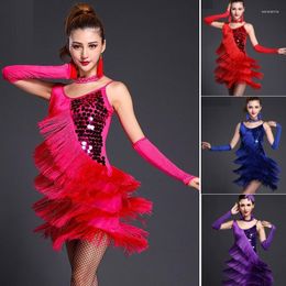 Stage Wear Adulte Femmes Dames Tango Ballroom Concours Robes Rouge Rose Violet Latin Salsa Dancewear Fringe Sequin Costume De Danse