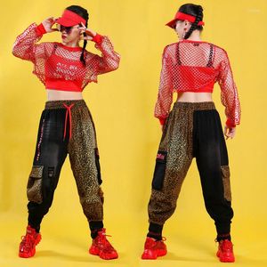 Stage Wear Adultes Hip Hop Danse Vêtements Femmes Jazz Costumes Mesh Top Pantalon Léopard Discothèque Dj Rave Outfit Street Dancewear XS5466