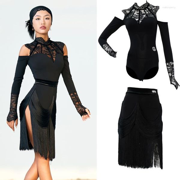 Vêtements de scène adultes Costume de danse latine haut en dentelle noire jupes à franges pour femmes vêtements Performance SL8216