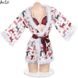 Stage Draag Anilv Christmas Eve Dames Bikini Bathrobe Set Swimsuit Sukumizu Come Xmas Snowflake Elk Furry Pyjama Lingerie Cosplay T220901