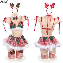 Stage Wear Anilv Christmas Tree Bling Snowflakes Miss Cupcake Rok Pyjama Uniform Set Come Come Women Sexy Red Green Plaid Lingerie Cosplay T220901
