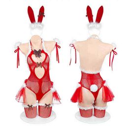 Stage Wear Anime Bunny Girl Cosplay komt lolita kanten ruche hol uit bodysuit sexy rode kerst visnet lingerie set slaapjurk t220901